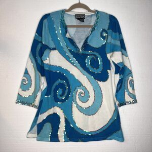 Berer Blue Swirl Sequined Knit 3/4 Sleeve Pullover Sweater size large